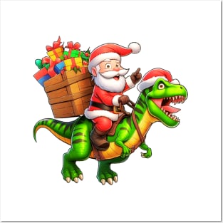 Santa Claus Riding T-REX Posters and Art